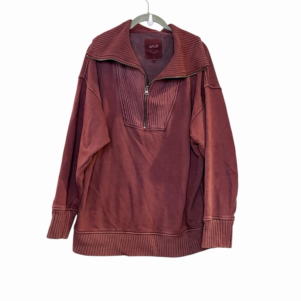 Aerie Down To Earth Burgundy S 1/4 Zip Cotton Blend Pullover Sweatshirt Oversize